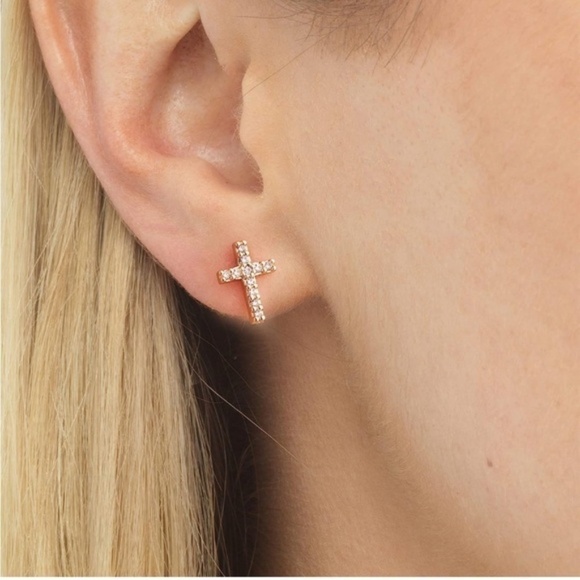 GOLD 14k Gold Plated Cubic Zirconia Cross Stud Earrings - Picture 1 of 2